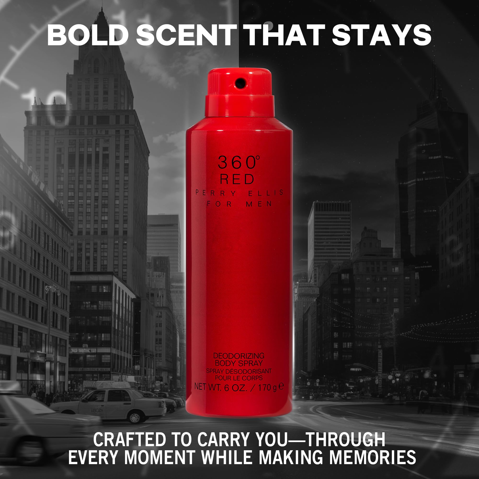 Six ounce can of Perry Ellis 360 Red body spray displaying ingredients list
