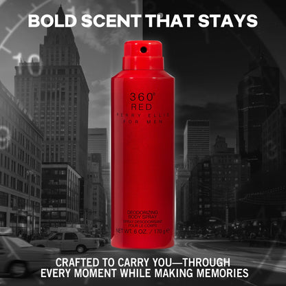 Six ounce can of Perry Ellis 360 Red body spray displaying ingredients list