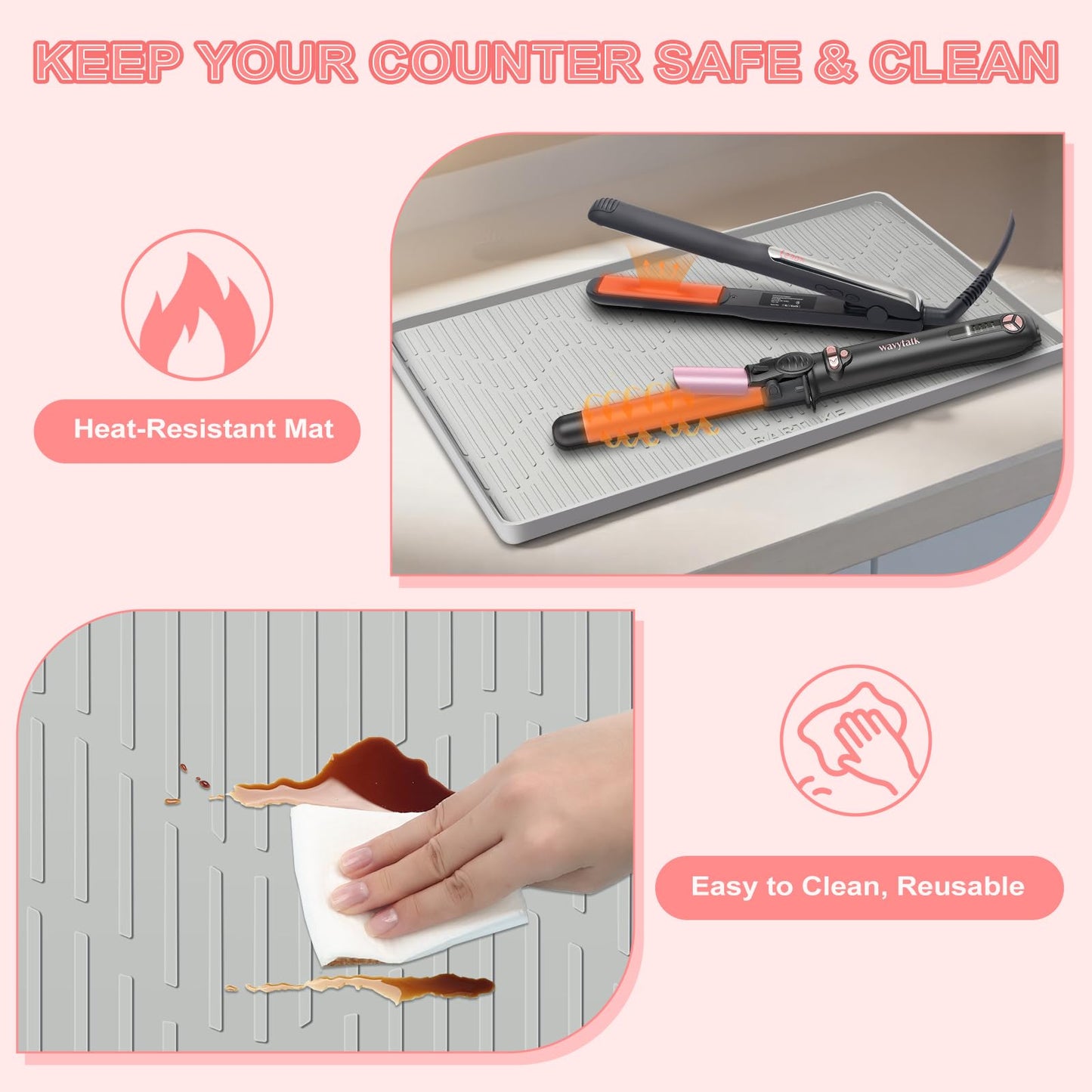 WRORUNER non slip hair straightener cover protecting a salon vanity surface.