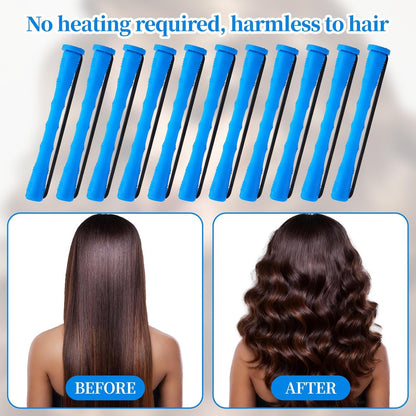 Vented blue plastic hair curling rods arranged neatly beside a professional rat tail sectioning comb
