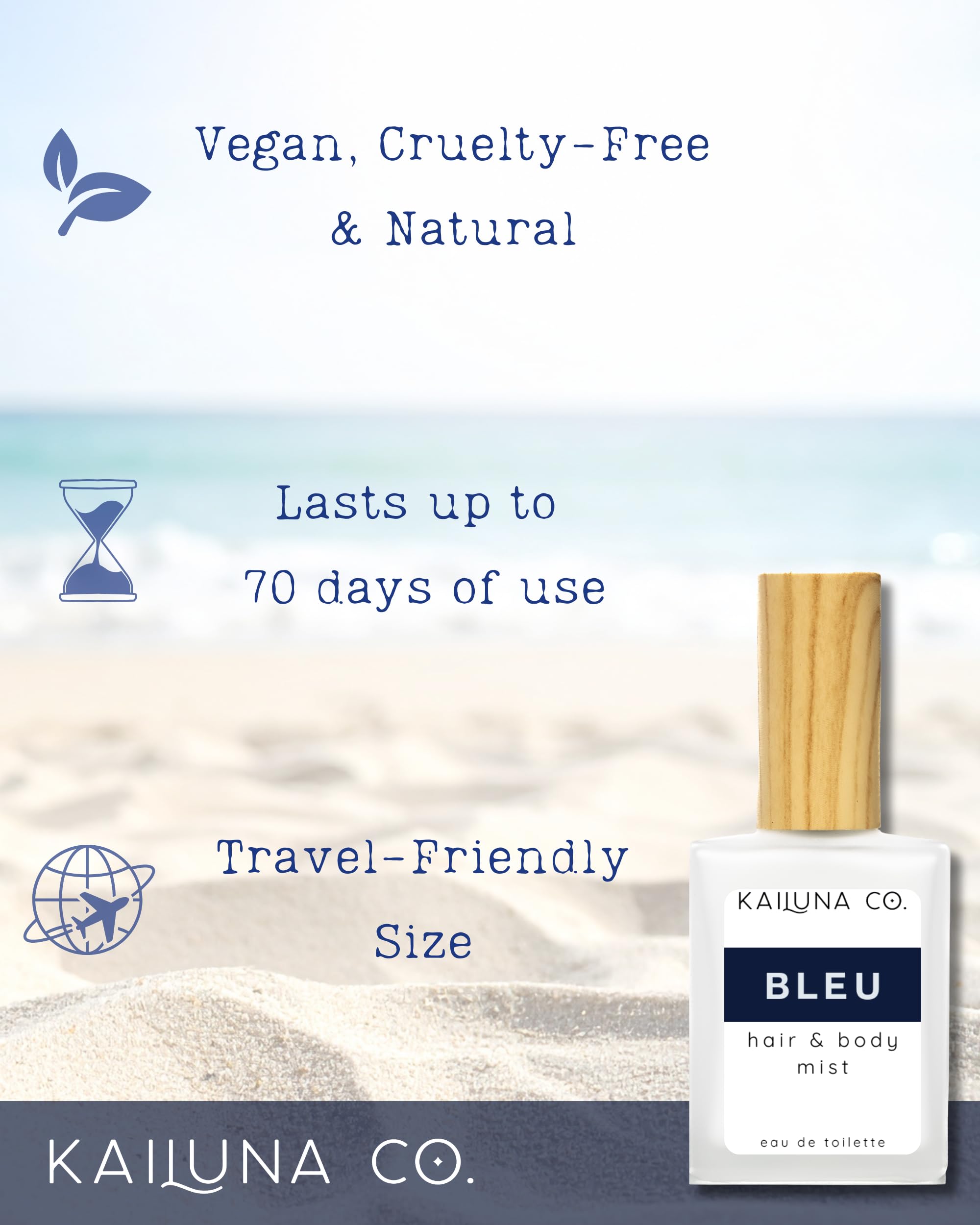 Kailuna Co. Bleu for Men travel-sized natural cologne mist highlighting the premium essential oil formula details