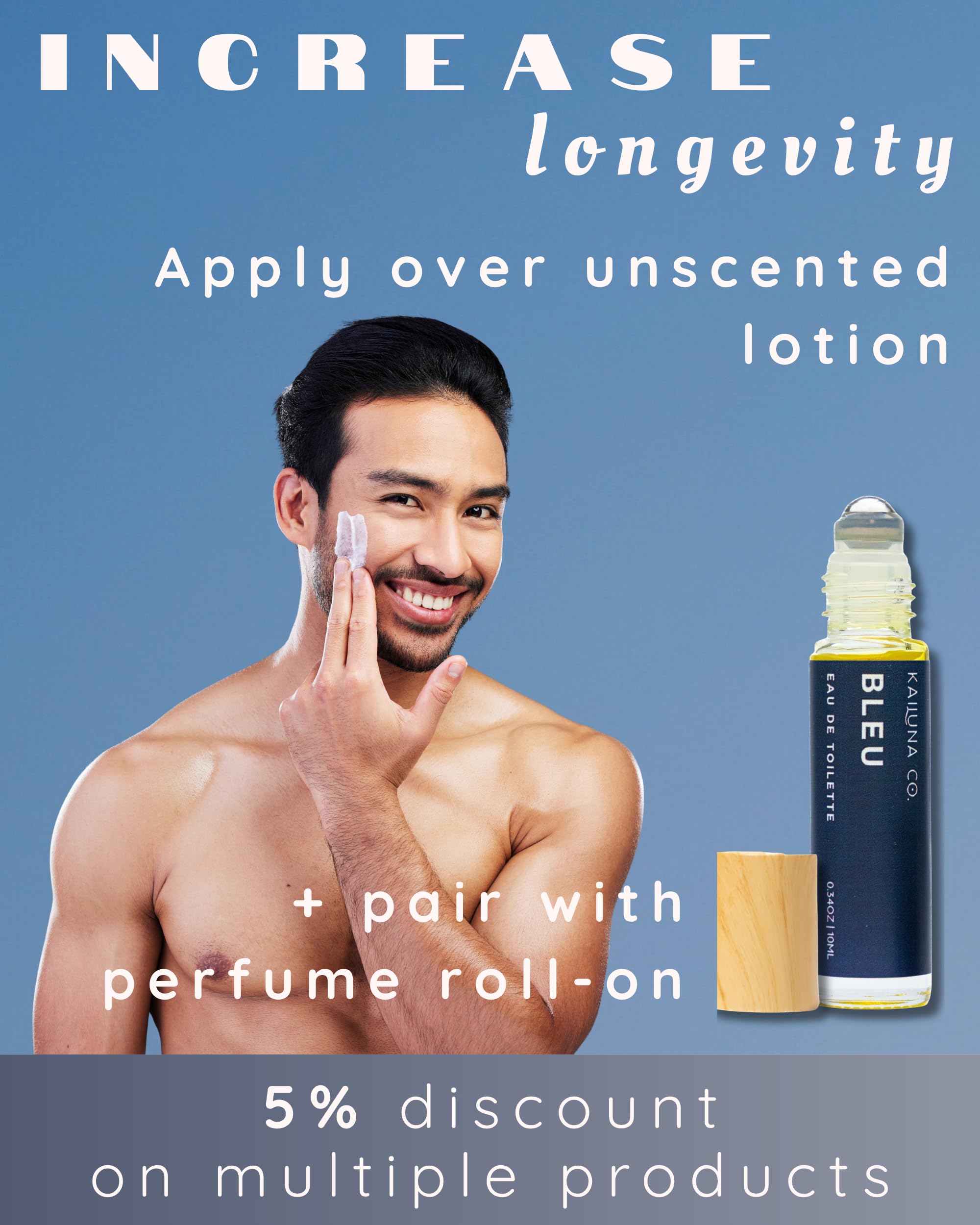 Close-up of Kailuna Co. Bleu for Men body spray featuring the zero point five fluid ounce compact glass bottle
