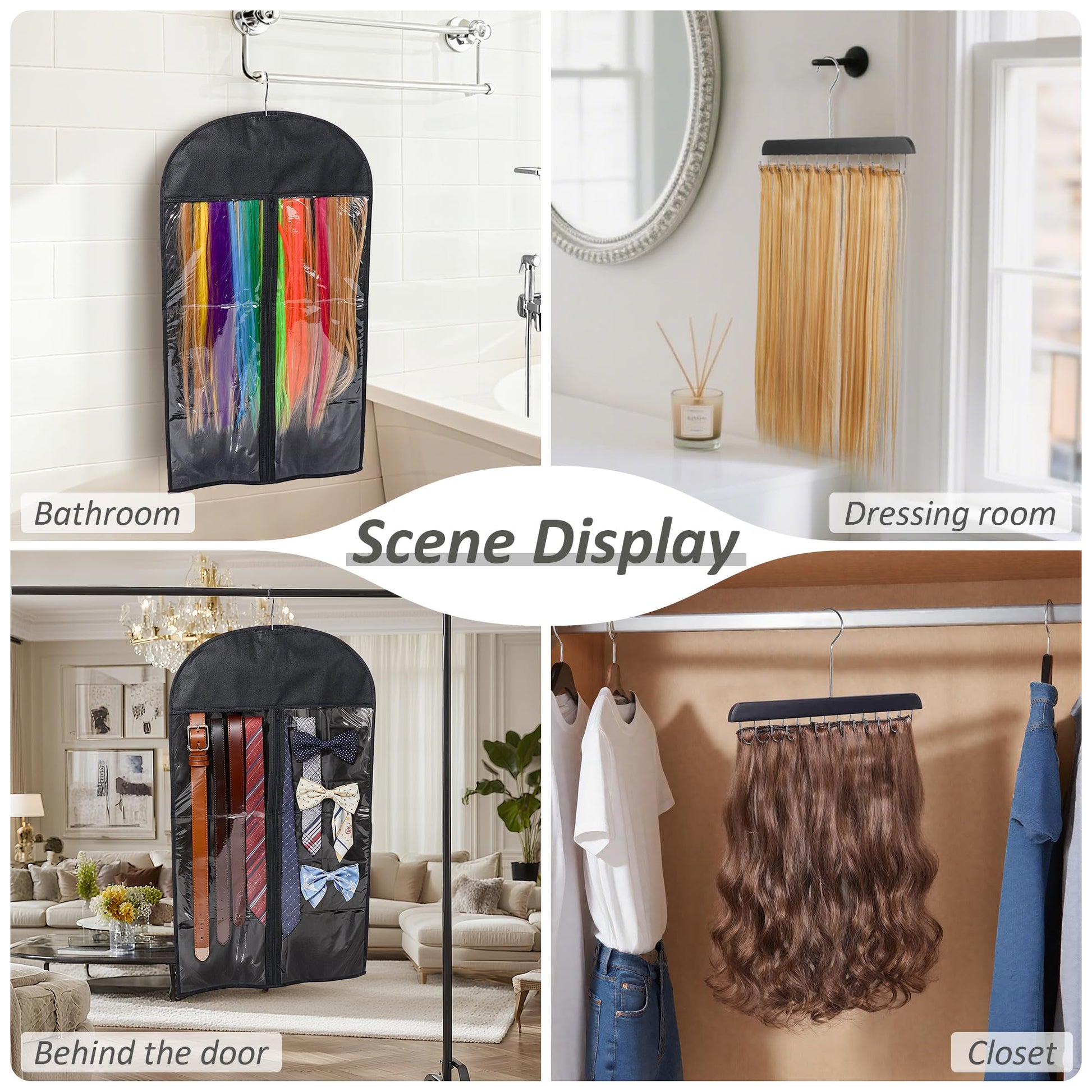 Close up view of the durable wooden hanger and adjustable hooks for hair styling.
