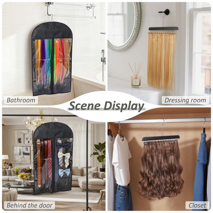 Close up view of the durable wooden hanger and adjustable hooks for hair styling.
