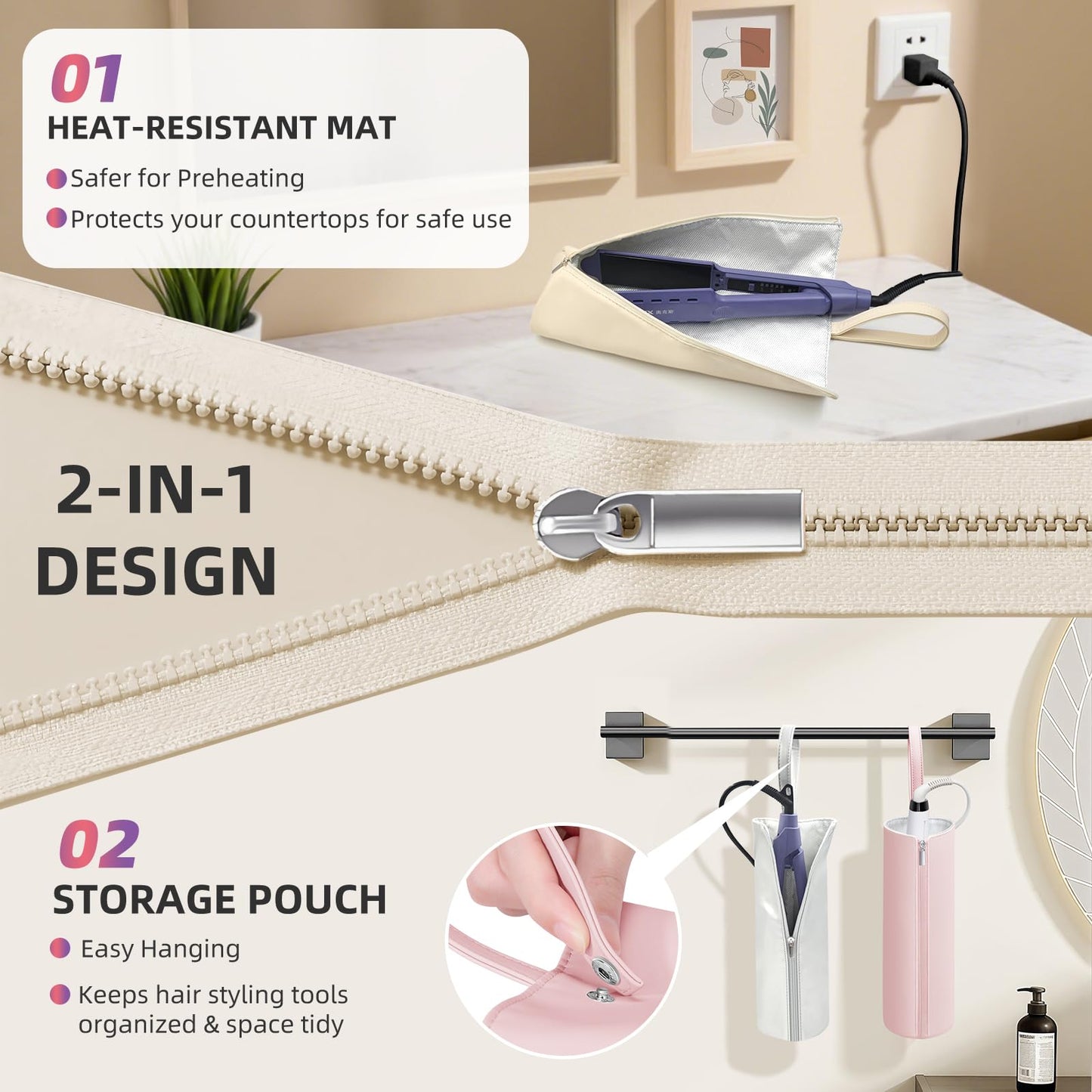 Close-up view of the premium thickened insulated liner inside the Boweike curling iron holder pouch.