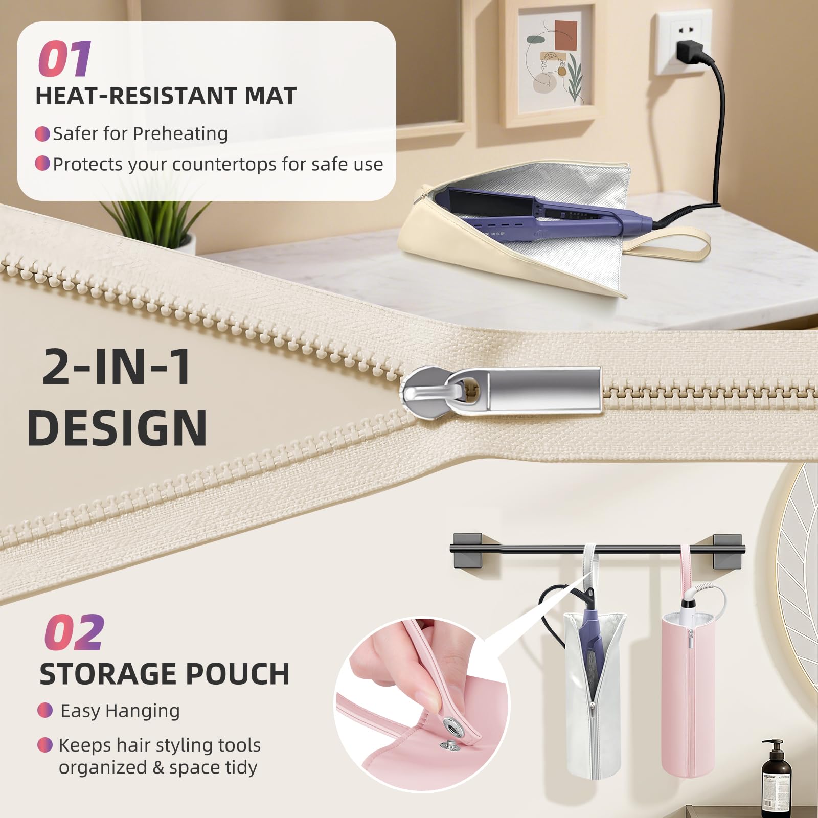 Close-up view of the premium thickened insulated liner inside the Boweike curling iron holder pouch.