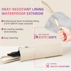 Boweike hair straightener mat pouch hanging from a bathroom hook using the integrated snap button hand strap.