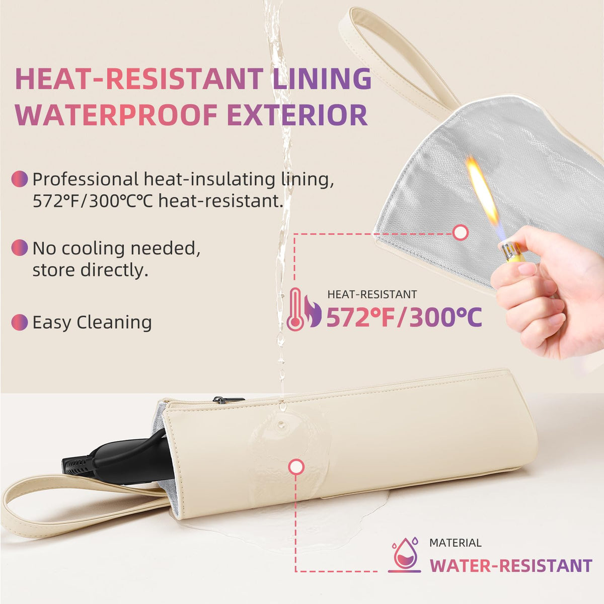 Boweike hair straightener mat pouch hanging from a bathroom hook using the integrated snap button hand strap.