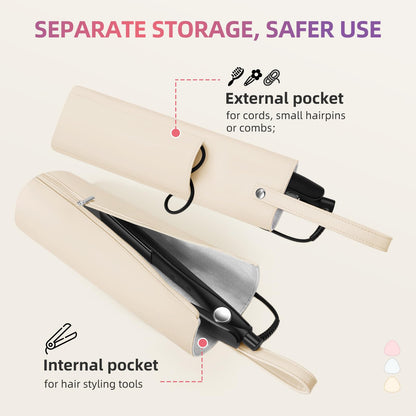 Side view showing the compact dimensions of the Boweike heat-resistant travel case with a curling iron inside.