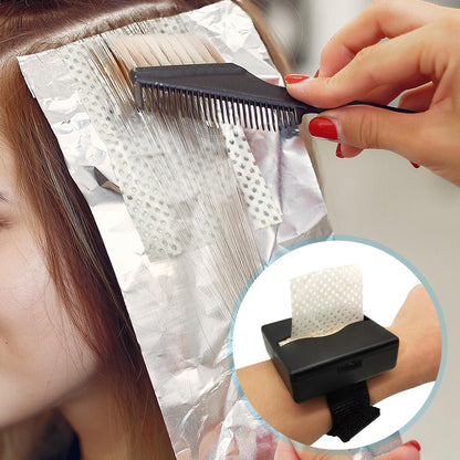 Adjustable elastic strap on portable perm paper drawer demonstrating universal wrist fitment