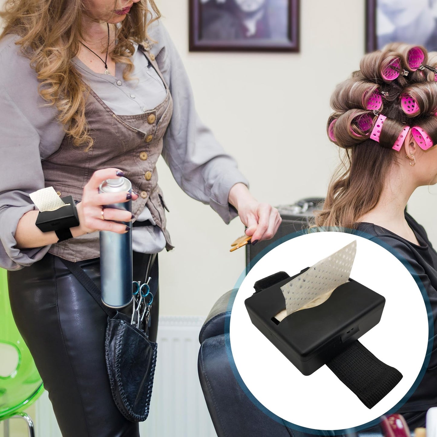 Secret Desire salon perm end wraps being pulled one handed out of the wearable wrist container