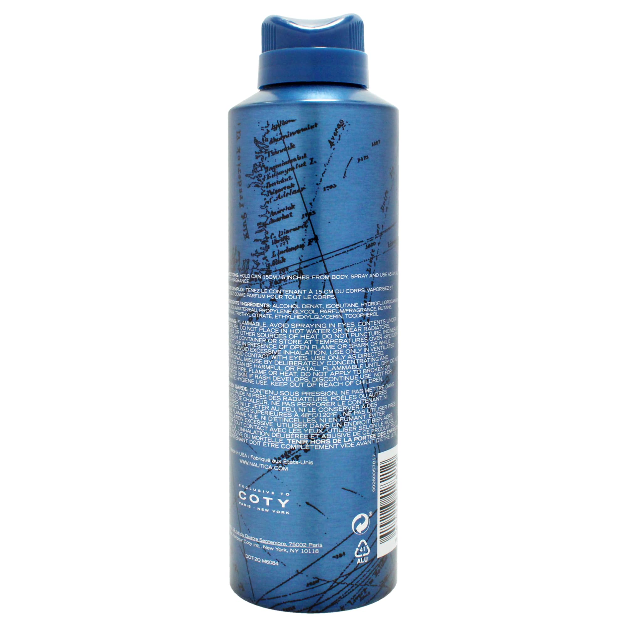 Nautica Voyage N-83 aromatic aquatic men's spray canister showcasing size details and ingredient information