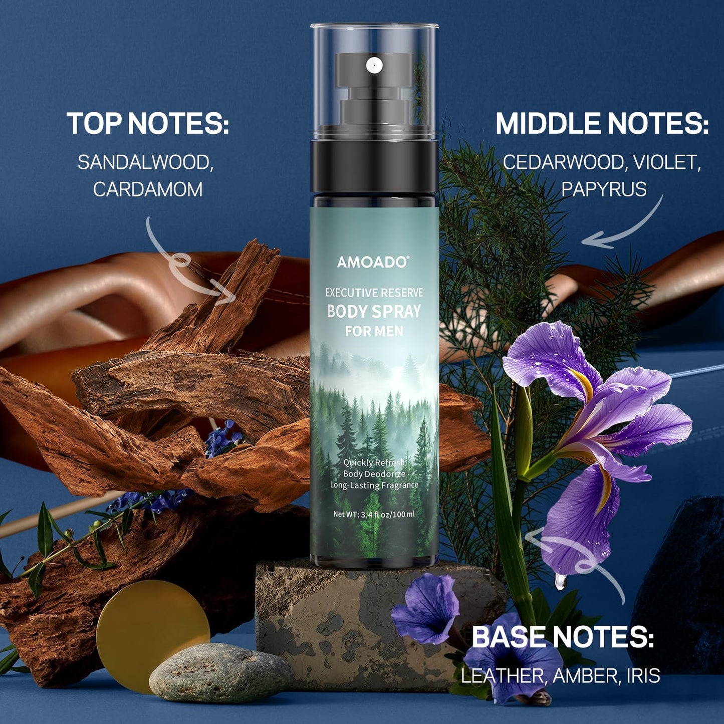 Three travel size men's deodorizing body sprays arranged sequentially
