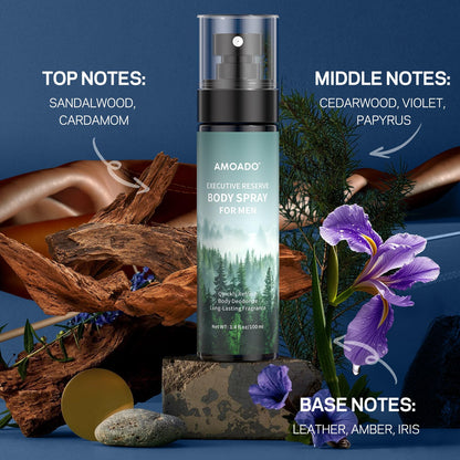 Three travel size men's deodorizing body sprays arranged sequentially
