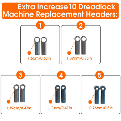 Electric dreadlock machine with forty replacement needles and professional hair threading tools spread out.