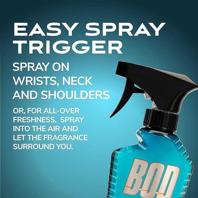 Side view of BOD Man Fresh Blue Musk eight fluid ounce grooming spray highlighting product details and manufacturing information.