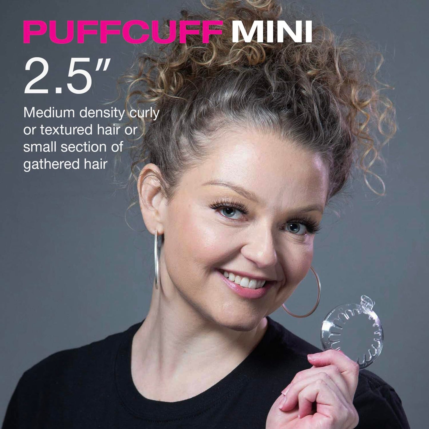 Close up view of the mini, micro, and teeny sizes of the authentic PuffCuff hair clamps for textured hair.