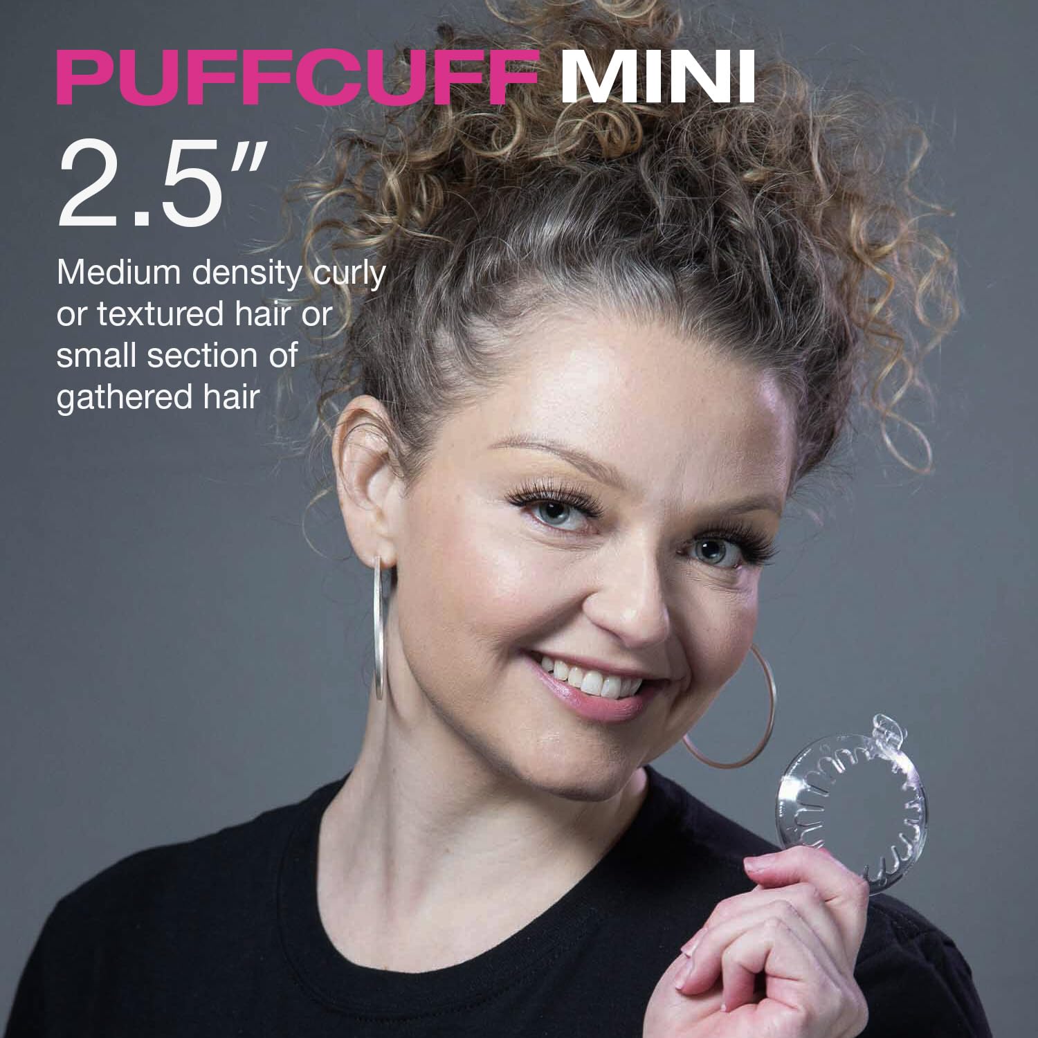 Close up view of the mini, micro, and teeny sizes of the authentic PuffCuff hair clamps for textured hair.