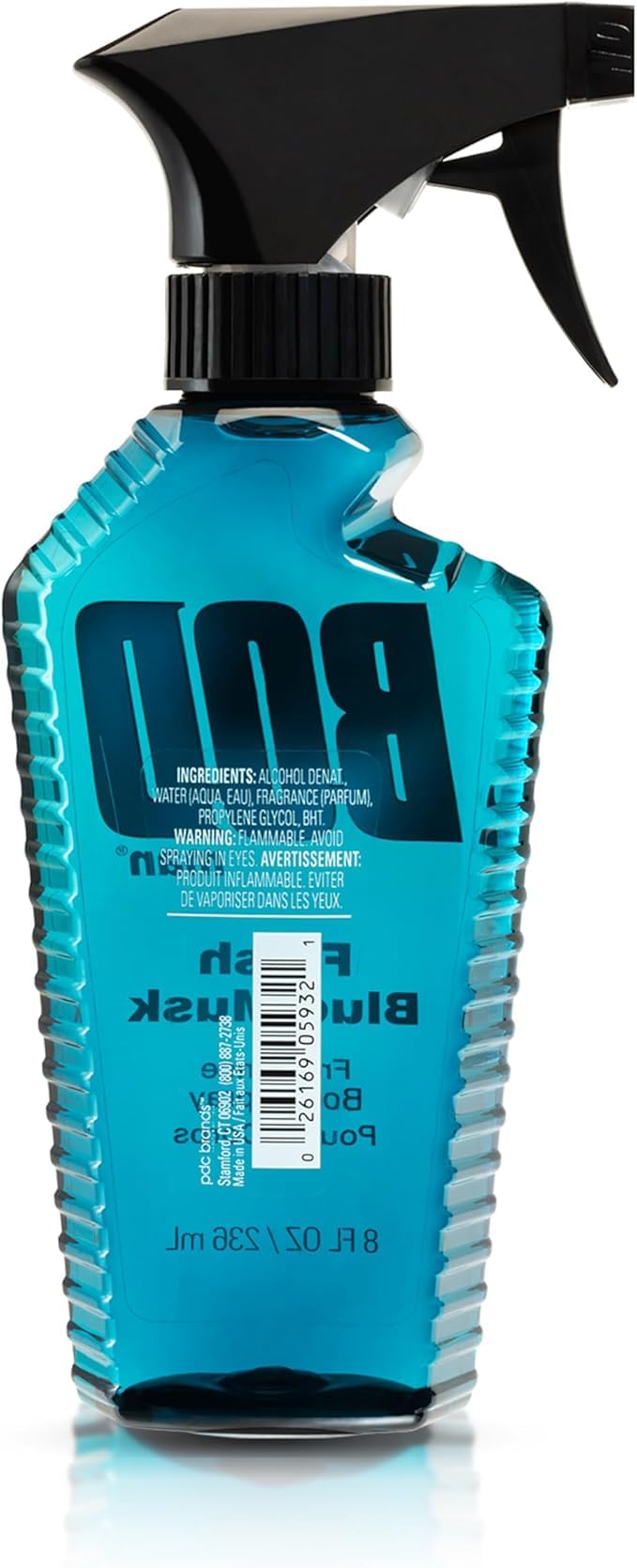 Authentic USA imported BOD Man masculine body spray with clean mandarin and warm musk notes displayed on a minimalist background.