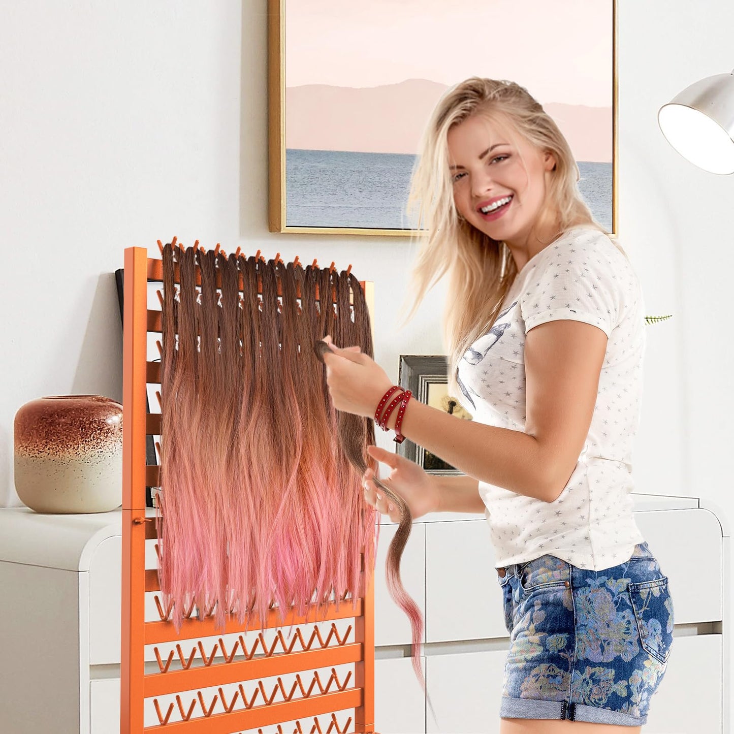 Foriy hair separator stand with wheels in use by a professional salon stylist