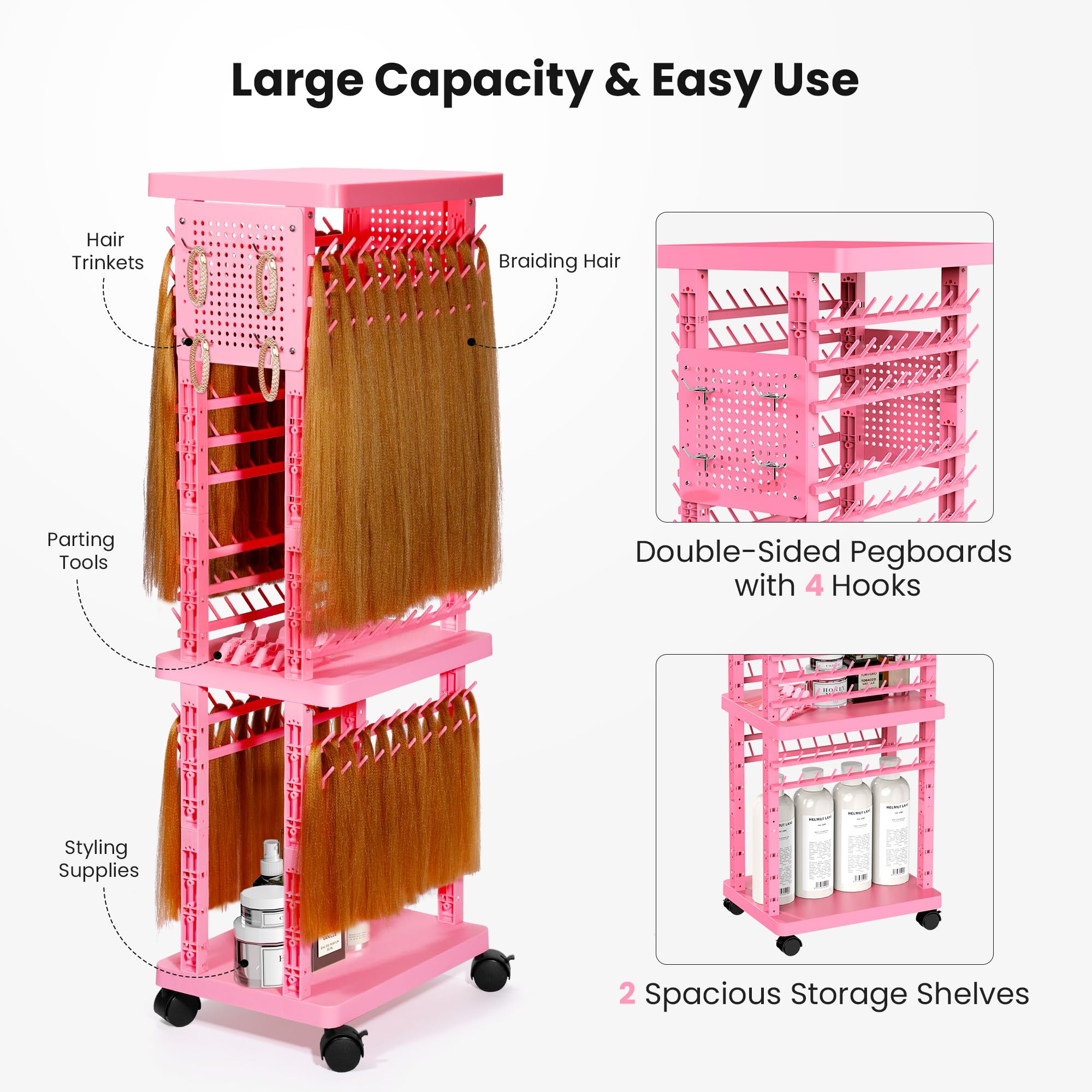 Two sided hair rack braid stand with wheels showing hair extensions organized on pegs