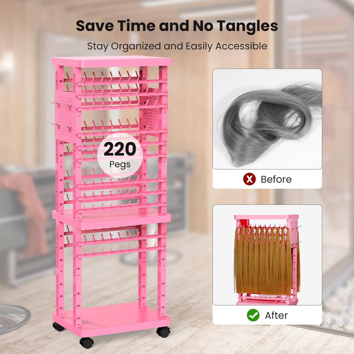 Adjustable two hundred twenty pegs standing hair separator showcasing bottom storage shelves with styling products