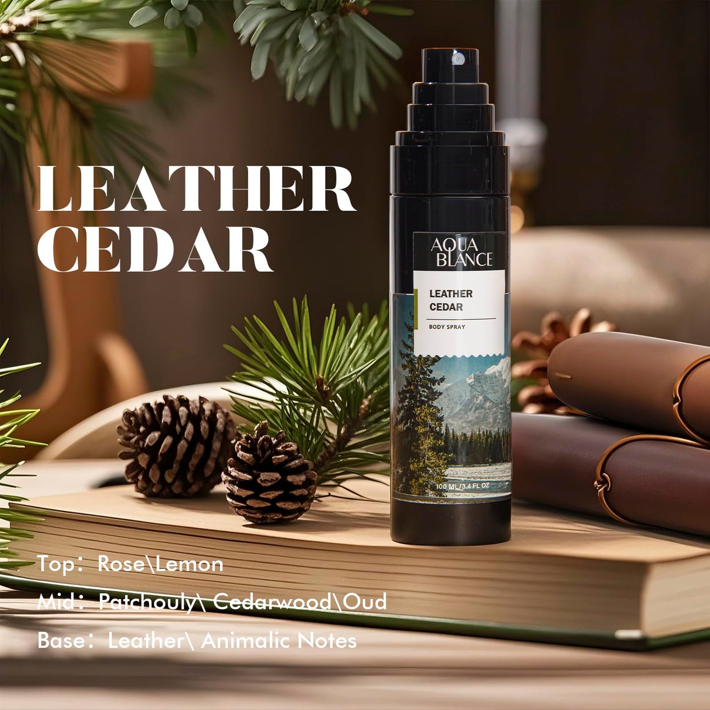 Aqua Blance Leather Cedar refreshing masculine body spray close up