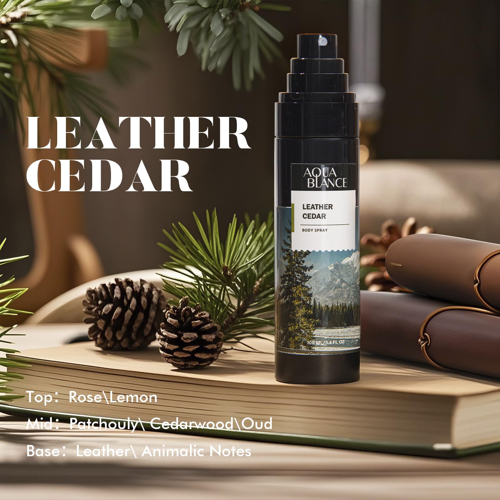 Aqua Blance Leather Cedar refreshing masculine body spray close up