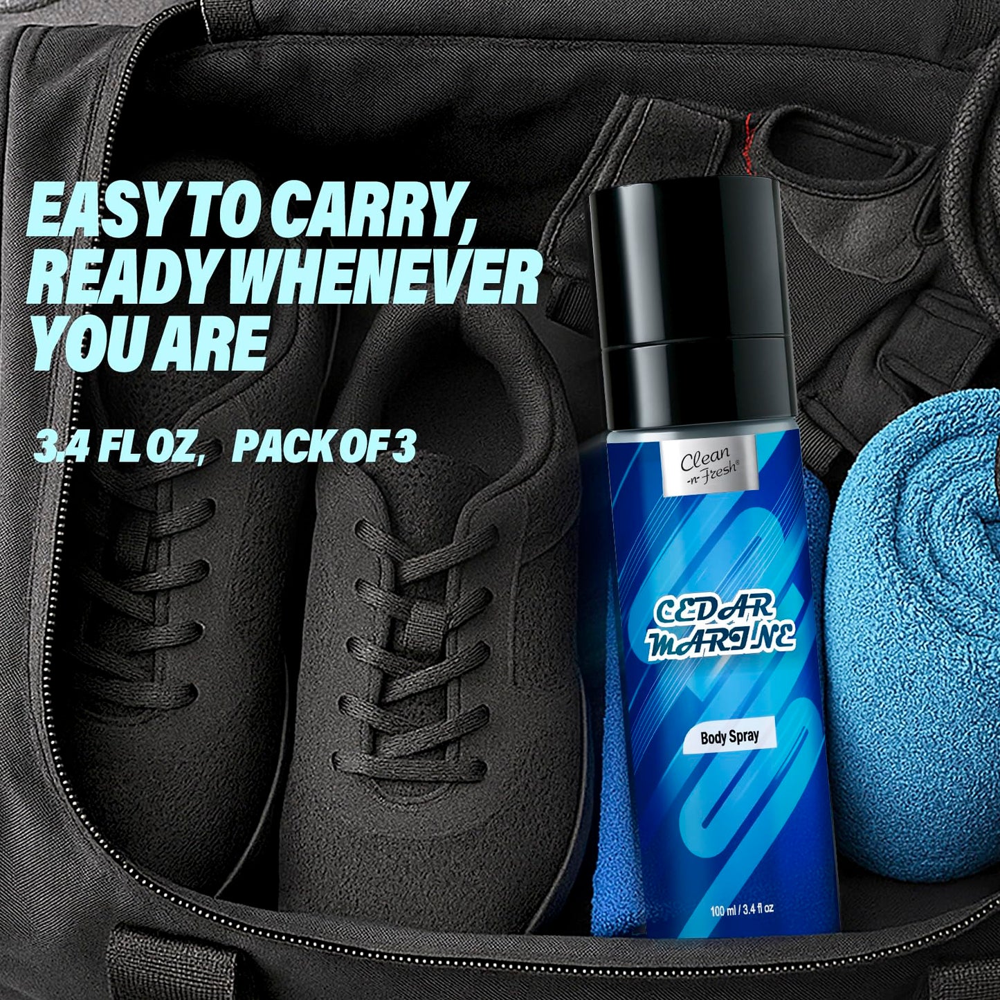 Compact three point four fluid ounce men's grooming bottle placed next to a gym bag.