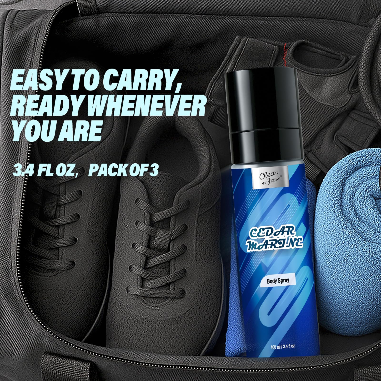 Compact three point four fluid ounce men's grooming bottle placed next to a gym bag.