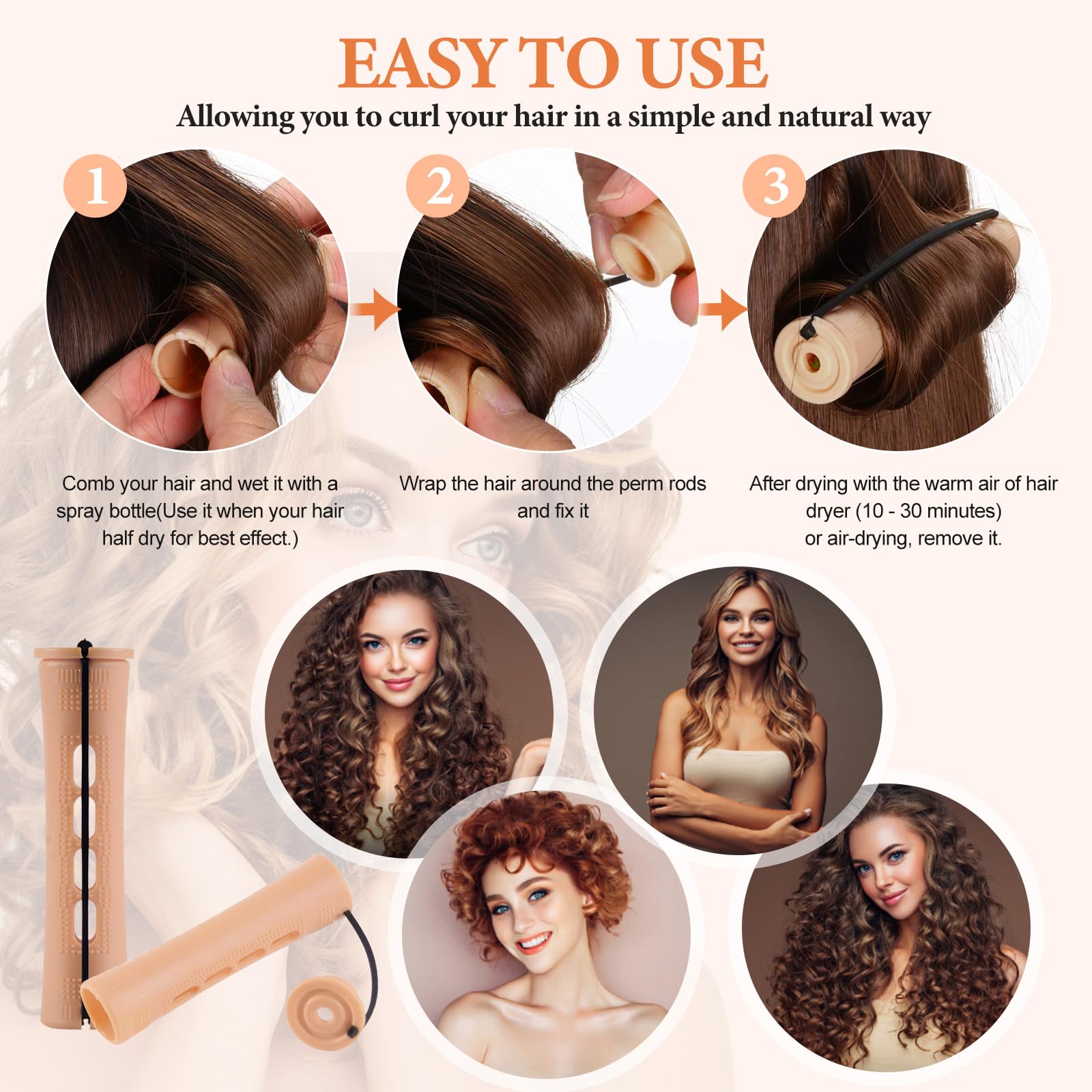 Durable plastic hair perming rods in light yellow color for short hair styling
