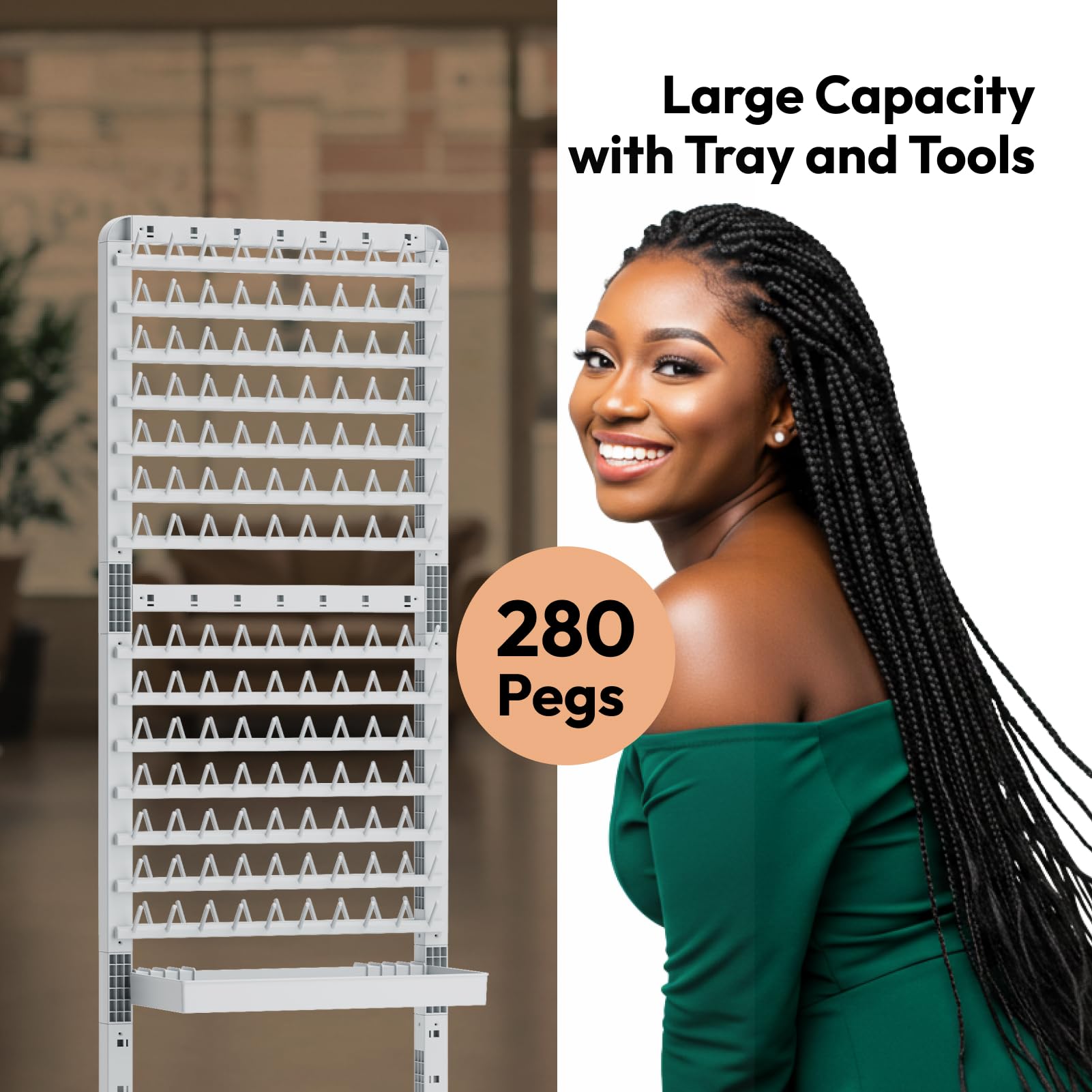 Sunnacate vertical hair extension holder stand with wheels showcasing adjustable peg rows filled with colored hair.