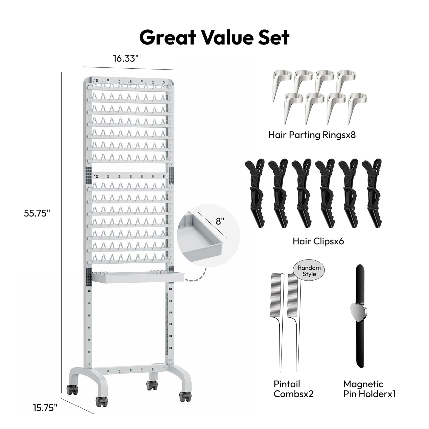 Close up view of the removable salon utility tray attached to the Sunnacate mobile braider stand.