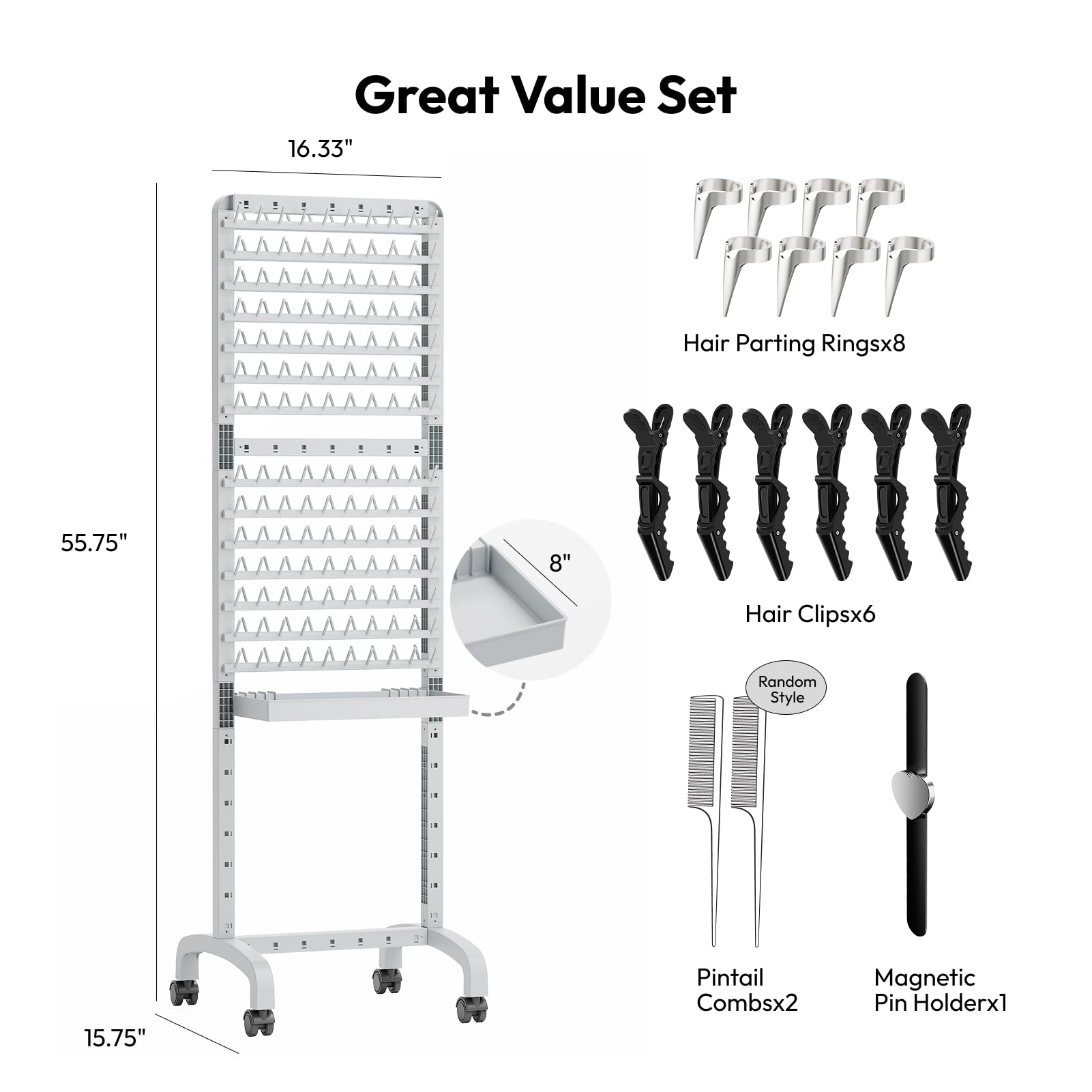 Close up view of the removable salon utility tray attached to the Sunnacate mobile braider stand.
