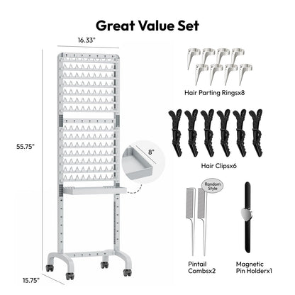 Close up view of the removable salon utility tray attached to the Sunnacate mobile braider stand.