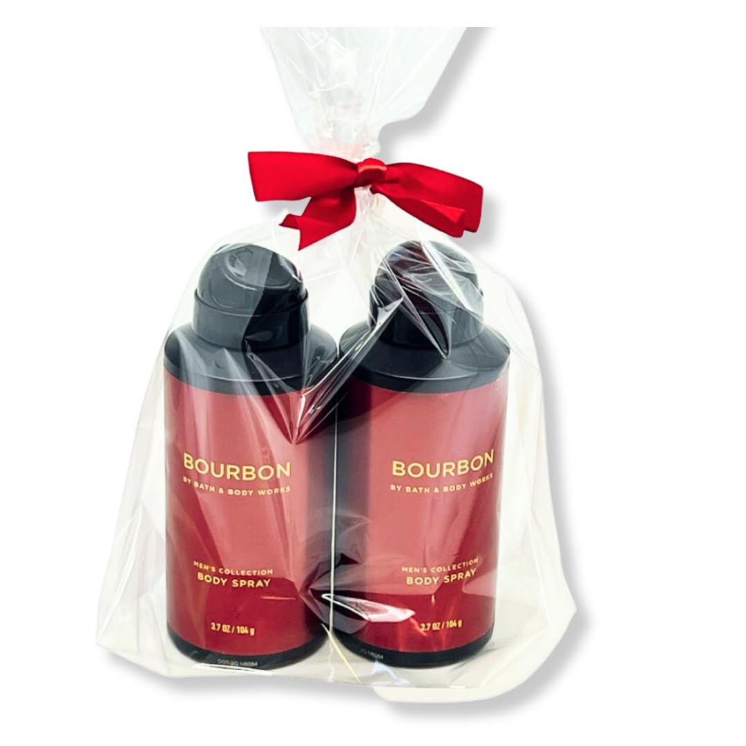 Two bottles of Bath and Body Works Bourbon deodorizing body spray standing side by side.