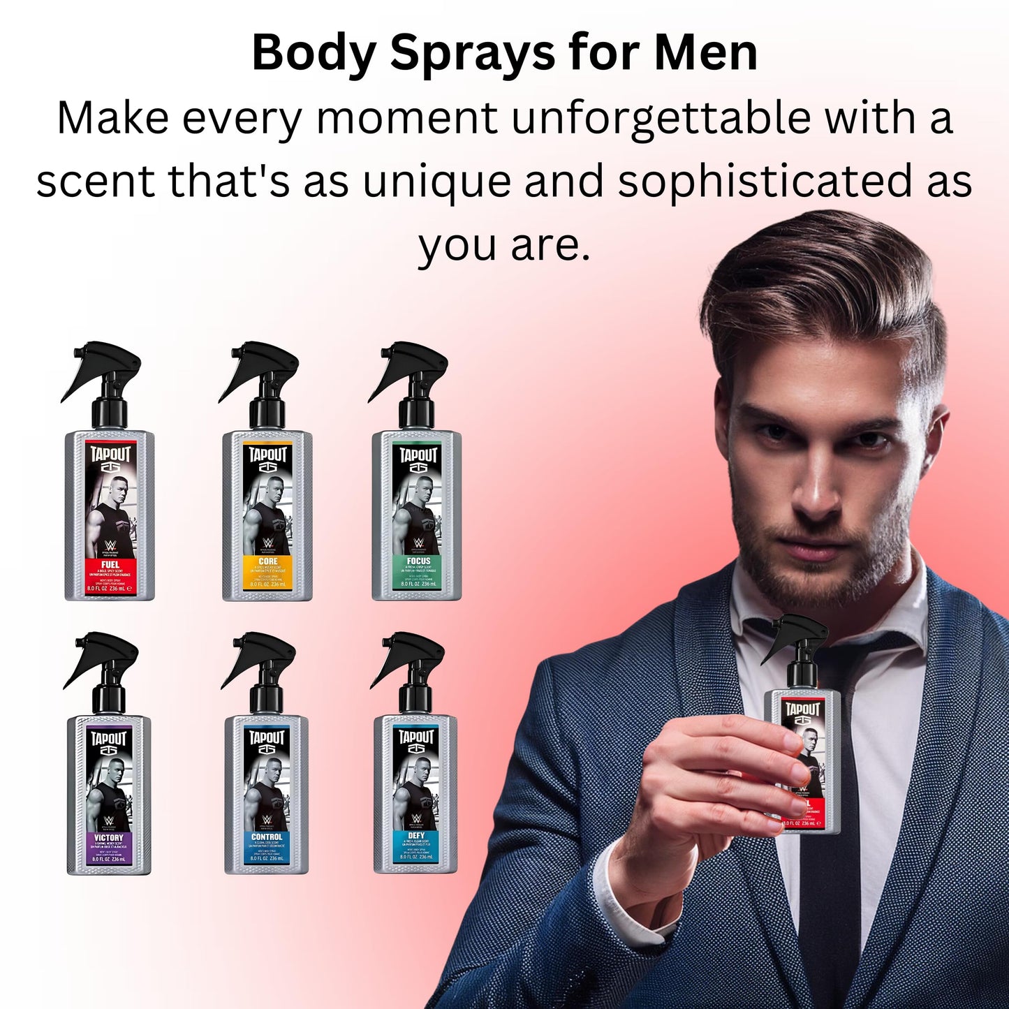 Full packaging view of TapouT six bottle variety pack grooming set