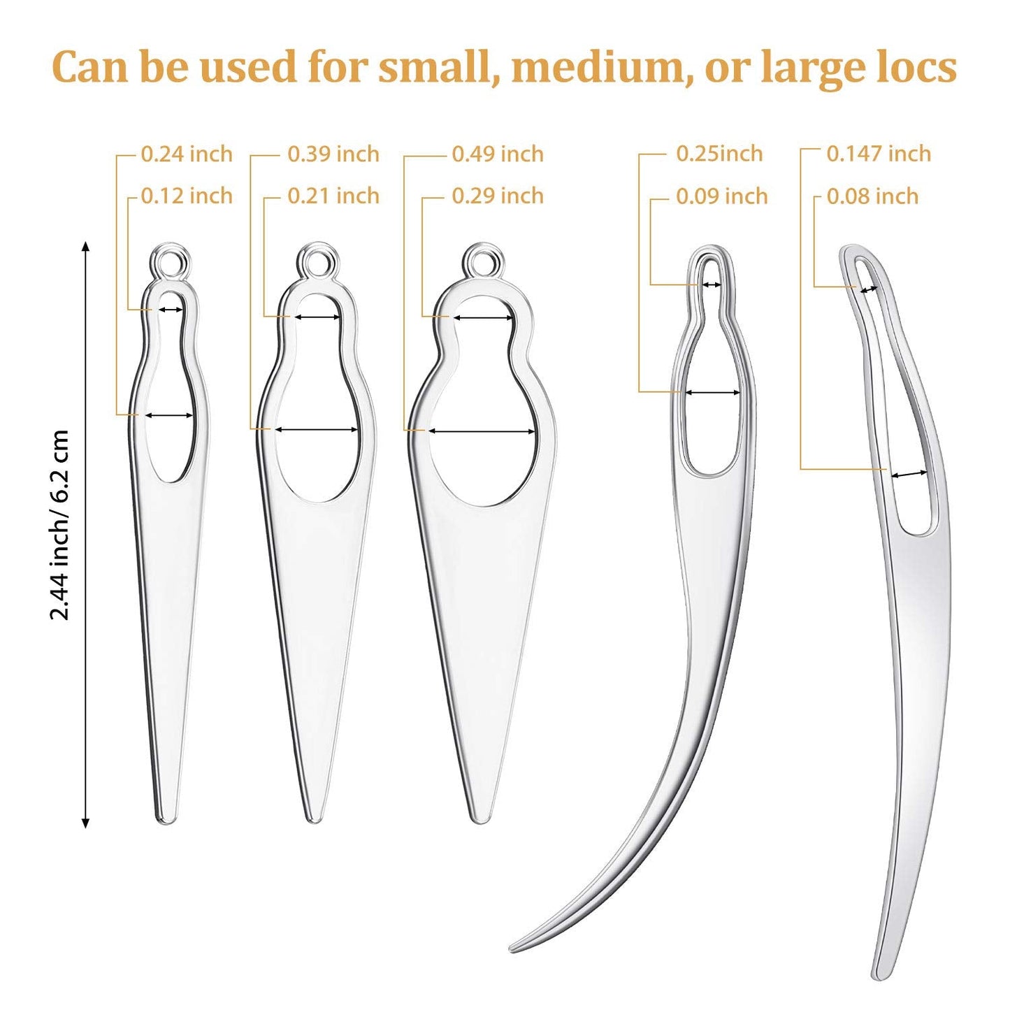 Five different sizes of silver sisterlock retighten needles lying flat