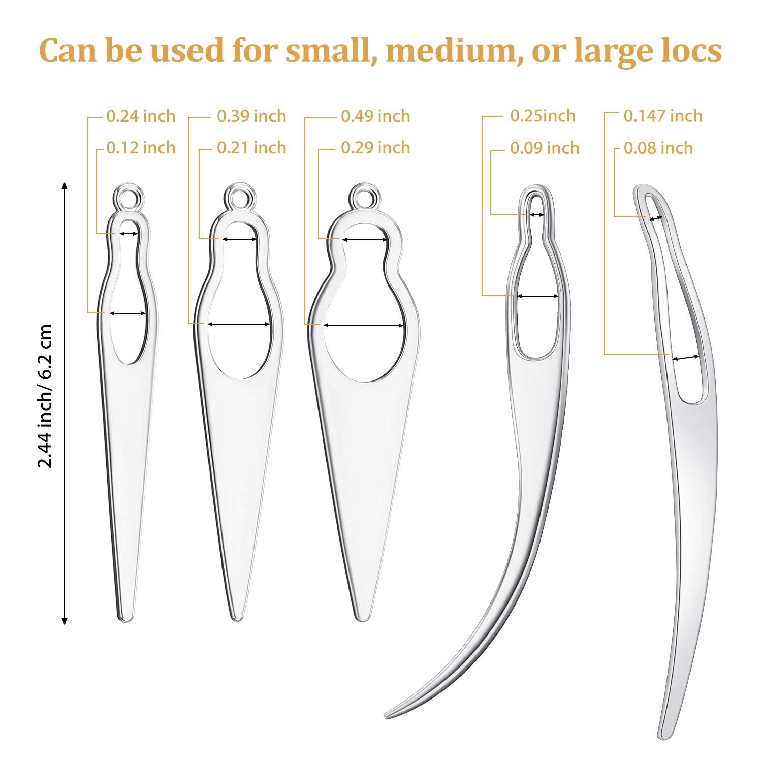 Five different sizes of silver sisterlock retighten needles lying flat