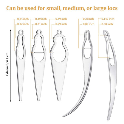 Five different sizes of silver sisterlock retighten needles lying flat
