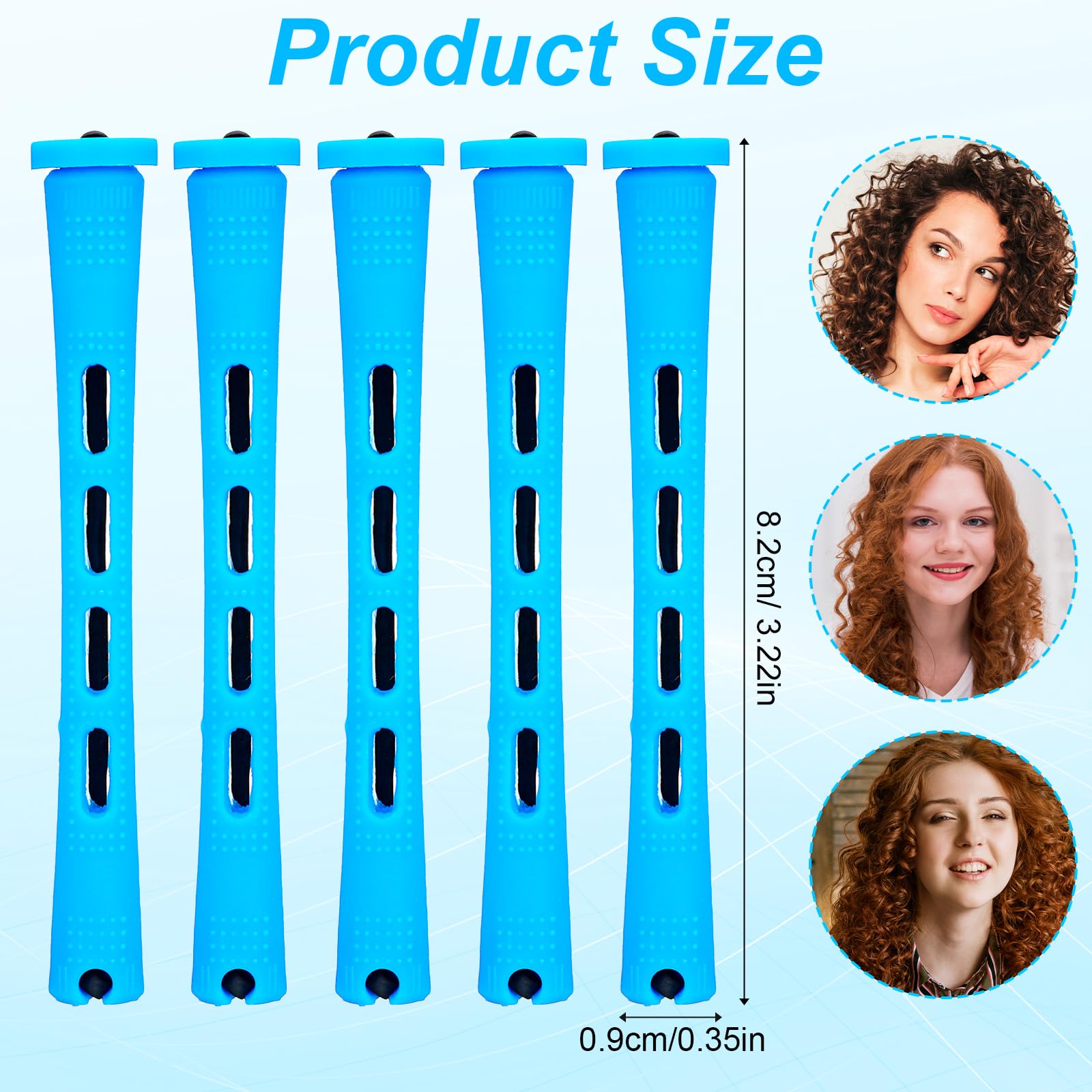 Close up look of the blue plastic curling rods with attached rubber bands and covers for securing hair.