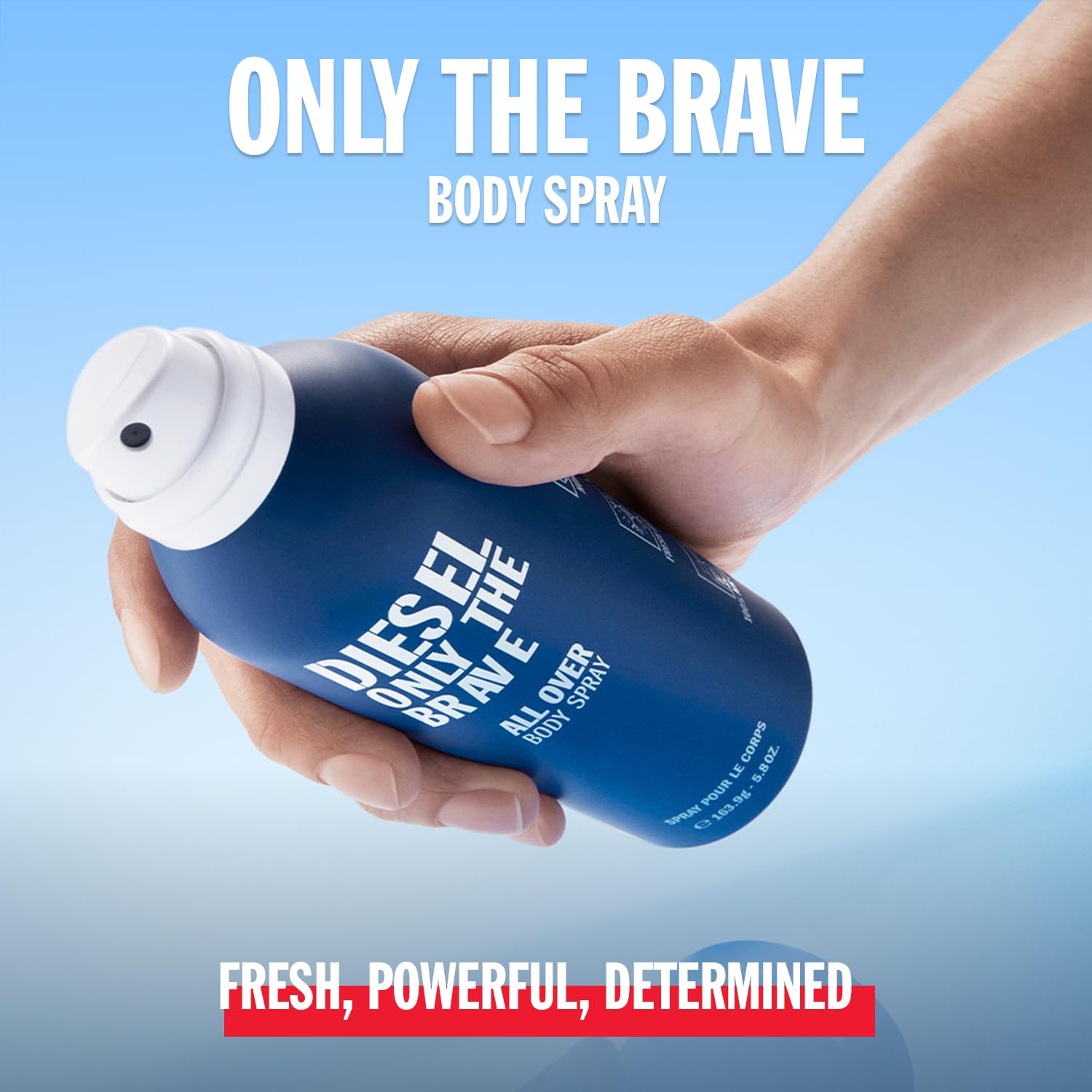 Diesel Only The Brave masculine amber woody body spray for men showing packaging details