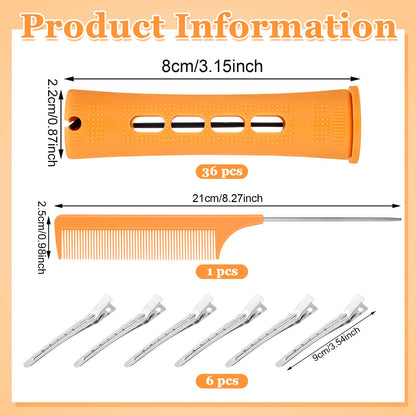 Close up of the orange plastic cold wave rods detailing the vented design and attached security rubber bands for heatless curls.