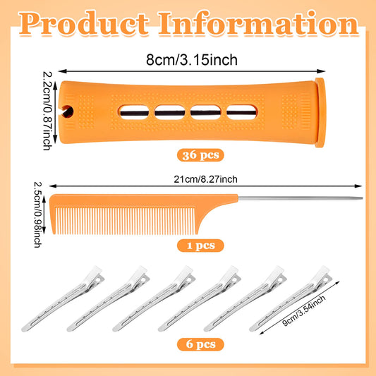 Close up of the orange plastic cold wave rods detailing the vented design and attached security rubber bands for heatless curls.