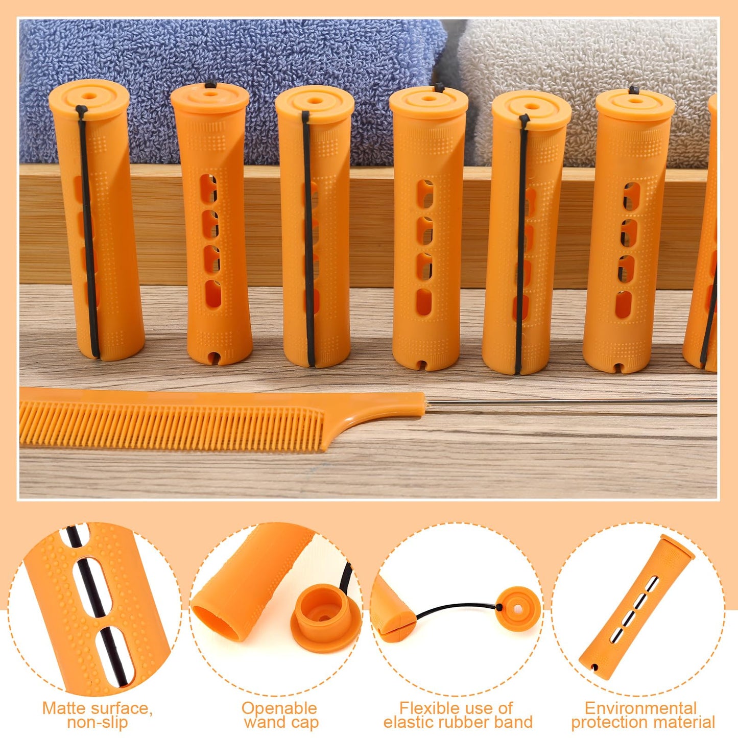 High quality reusable plastic curling rollers in vibrant orange shown arranged with styling accessories for salon use.