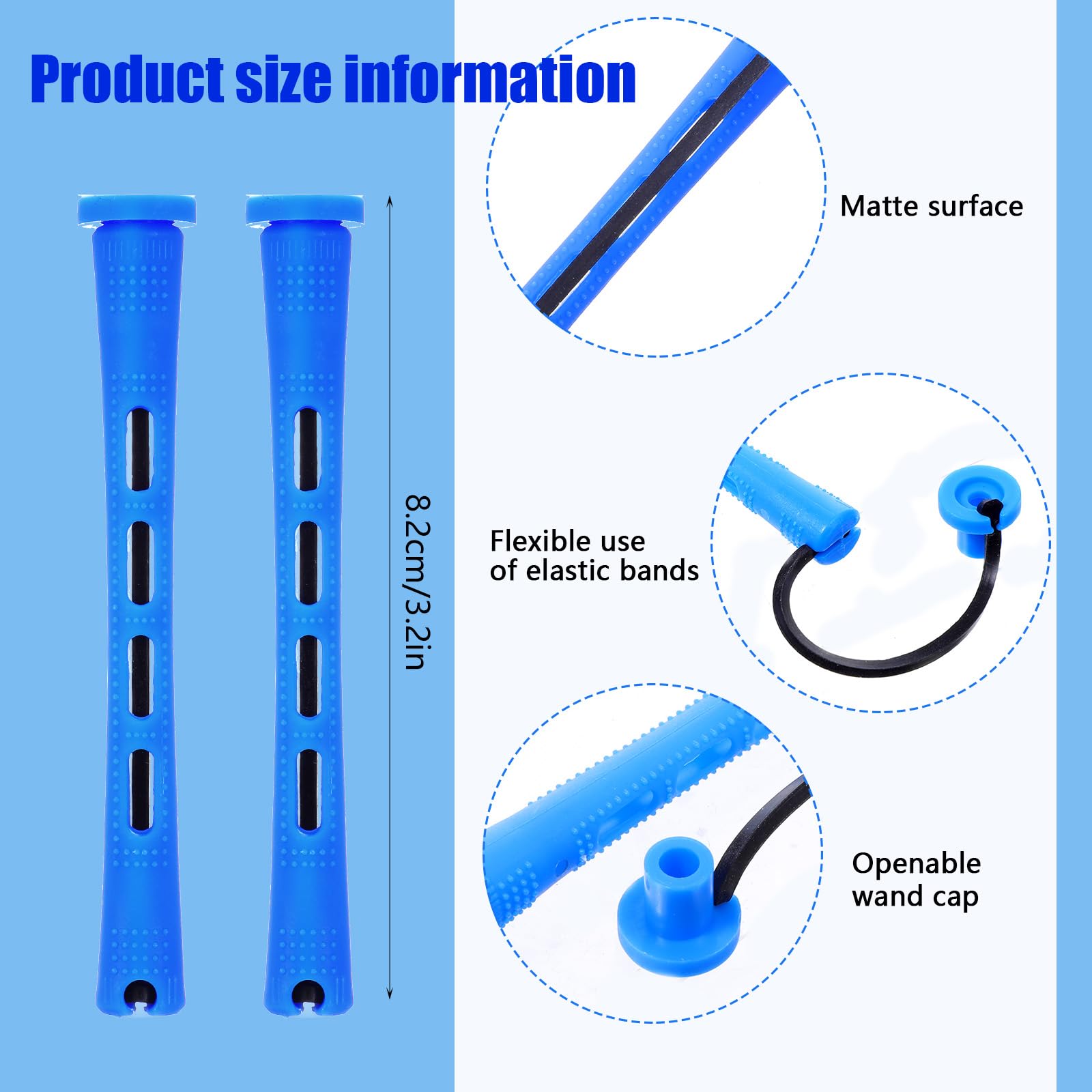 Close up shot of blue 0.35 inch heatless curling rods with attached rubber bands
