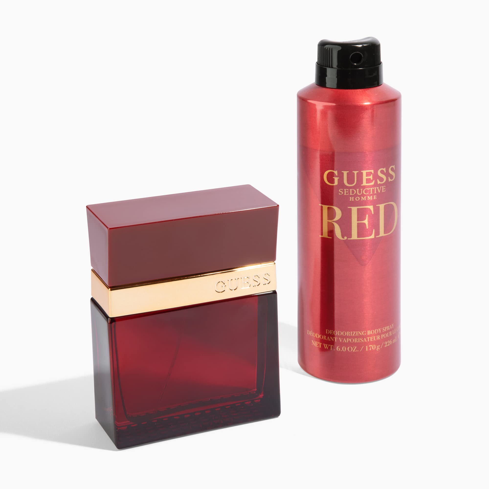 Premium GUESS imported red body spray for men showcasing sleek international packaging design
