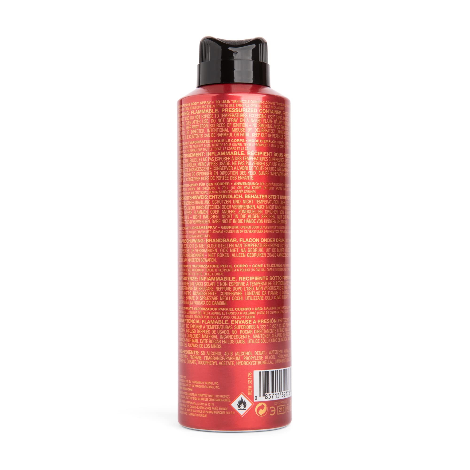 USA sourced GUESS Seductive Red body spray container displaying official product size information