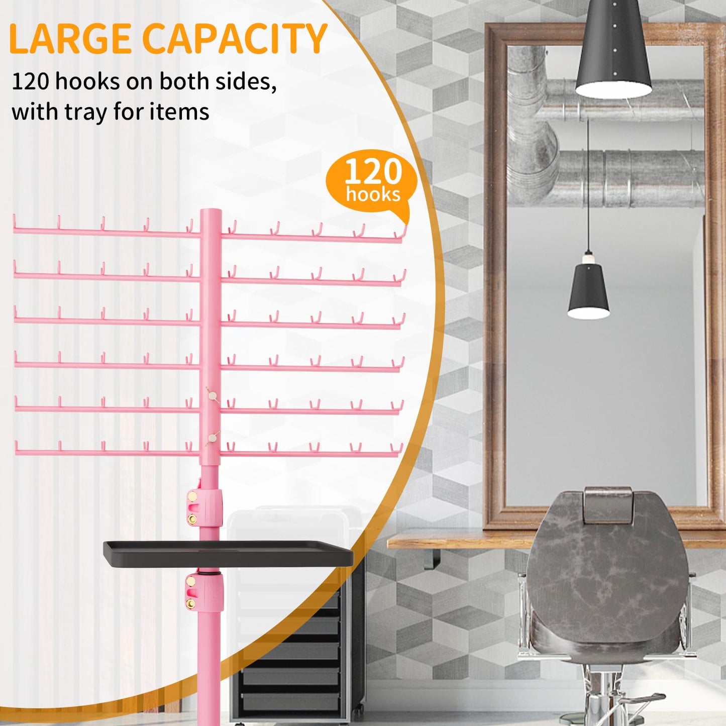 Pink hair divider rack with extensions organized on pegs to prevent tangles