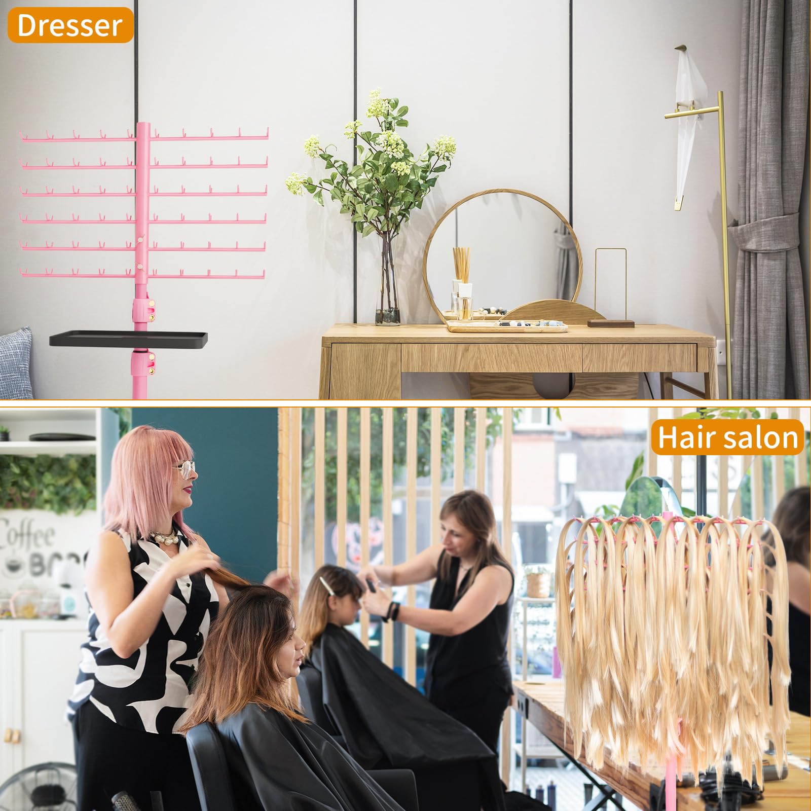 Collapsible pink hair extension rack pack showing easy salon assembly components